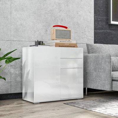 HOMCOM Buffet Blanc Brillant 2 Tiroirs 2 Portes avec Étagère