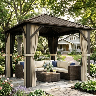 Outsunny Gartenpavillon ca. 3 x 3 m Aluminium Pavillon mit Stahldach Hardtop Moskitonetz 4 Seitenteile, UPF50+