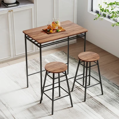 HOMCOM Mesa Alta de Cocina con 2 Taburetes Industrial Estante Abierto Reposapiés Ahorro de Espacio para Espacios Reducidos