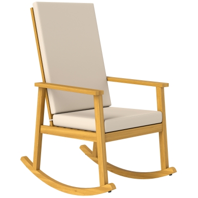 Outsunny Schaukelstuhl aus Akazienholz Schaukelsessel mit hoher Rückenlehne Kissen bis 160 kg 60 x 89 x 107 cm Beige