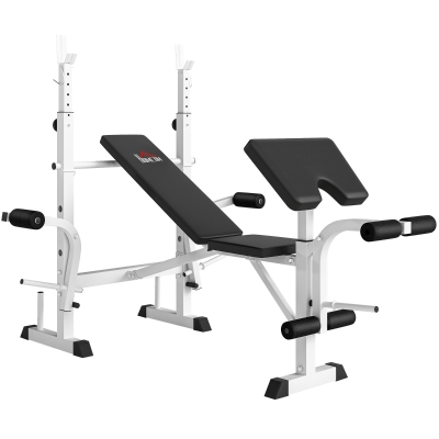 HOMCOM Banco de Musculación Inclinable con Soporte para Barra Ajustable Extensión de Piernas y Curl de Predicador para Gimnasio