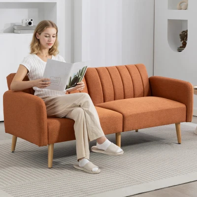 HOMCOM Sofá-cama 2 Lugares design escandinavo Encosto reclinável 3 posições Pés em madeira Tecido aspeto linho castanho