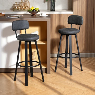 HOMCOM Juego de 2 Taburetes Altos de Cocina Giratorios Tapizados de PU con Respaldo Marco de Metal Reposapiés Gris Oscuro