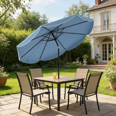 Outsunny Sonnenschirm rund Balkonschirm Strandschirm mit 3-facher Neigung Kurbel 8 Streben Ø265 x 235H cm Himmelblau