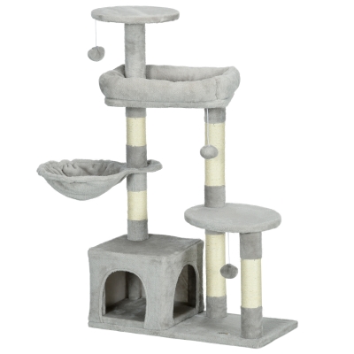 PawHut Rascador para Gatos Altura 104 cm Árbol para Gatos con Postes de Sisal Cueva Plataformas y Bolas Colgantes Gris Claro