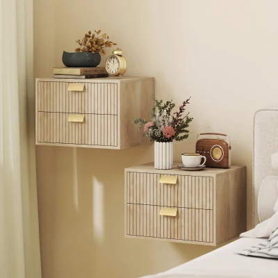 HOMCOM Floating Nightstands Set 2 Drawers Oak