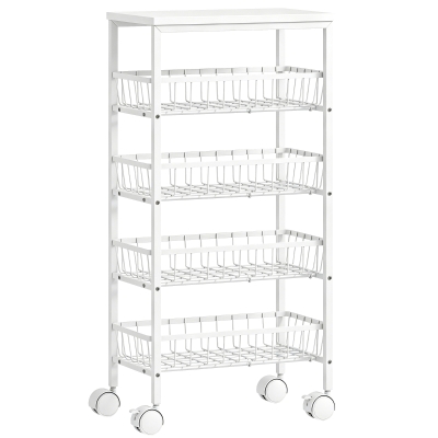 HOMCOM Carrito Auxiliar con Ruedas 4 Cestas Extraíbles Carga 15 kg Marco Metálico para Comedor Baño 40x24x82 cm Blanco