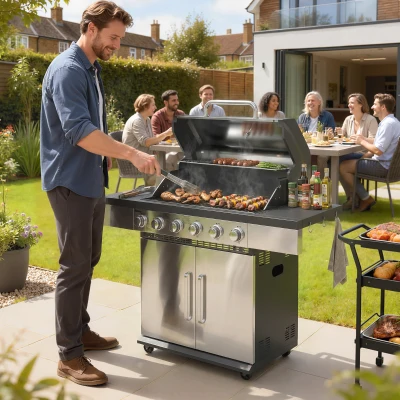 Outsunny 6-Burner Portable Gas BBQ Grill with Cabinet