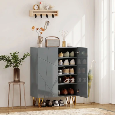 HOMCOM Shoe Storage Cabinet Soft-Close Adjustable Shelves Grey
