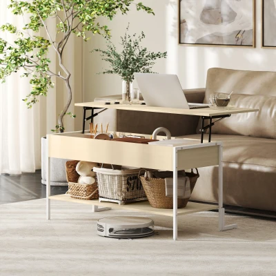 HOMCOM Mesa de Centro Elevable con Cierre Suave Espacio Oculto de Almacenaje y Estante Abierto 95x40x59 cm Natural y Blanco