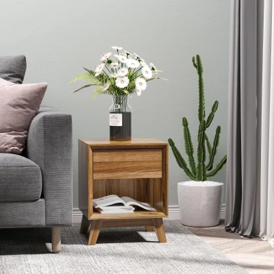 HOMCOM Modern Bedside Table Walnut Brown with Drawer & Shelf
