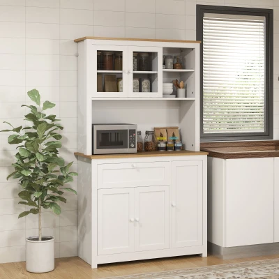 HOMCOM Armário de Cozinha Estilo Rústico 1 Vitrine 1 Prateleira Aberta 1 Gaveta 2 Armários Natural e Branco