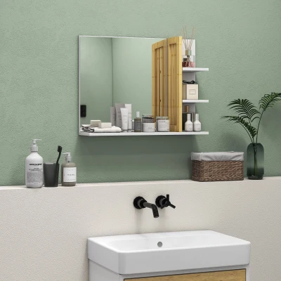 HOMCOM Bamboo Bathroom Mirror with Shelves - White