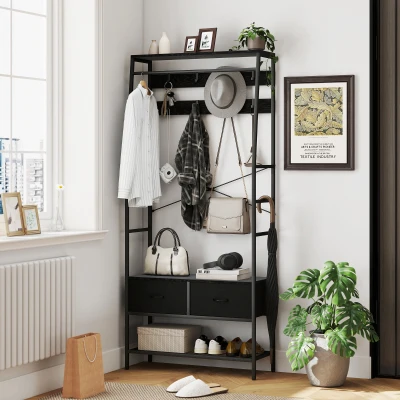 HOMCOM Garderobenständer mit Schuhregal, Kleiderständer im Industrie-Design, 2 Stoffschubladen, 8 Haken, Metallrahmen, Schwarz