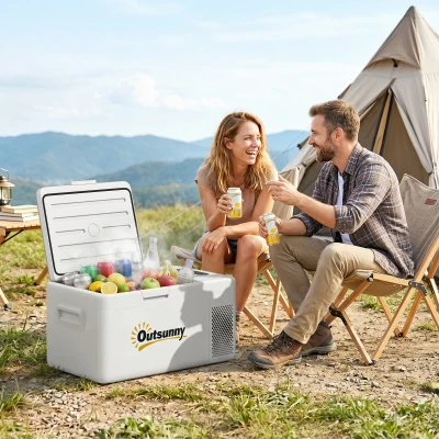 Outsunny 16,8 Liter Camping-Kühlschrank, Autokühlschrank, Kühlbox mit LED Anzeige, AC- und DC-Adapter, leiser Betrieb, Cremeweiß