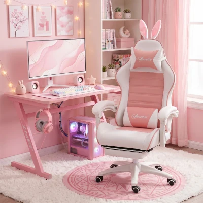 Vinsetto Chaise Gaming Rose Support Lombaire Repose-pieds Ajustable