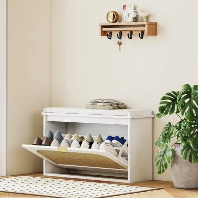 HOMCOM Banco Zapatero Boho con Asiento Acolchado Puerta de Ratán Cajón Abatible Estante Ajustable 8 Pares 80x26x47,5 cm Blanco