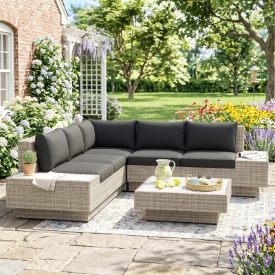 Outsunny 4 PCs Rattan Garden Furniture Outdoor Sectional Corner Sofa and Coffee Table Set - Conservatory Wicker Weave Furniture with Armrest and Cushions, Light Grey