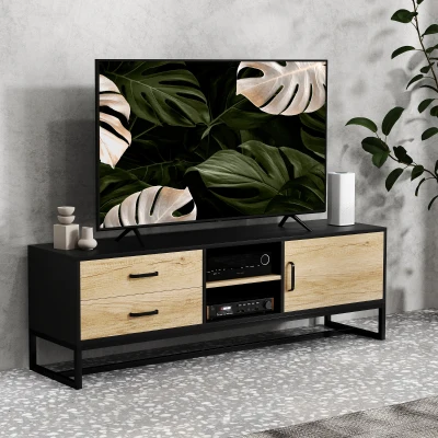 HOMCOM Móvel TV para Televisores de até 152 cm Móvel para TV com Armário Compartimentos Abertos 2 Gavetas Madeira Natural