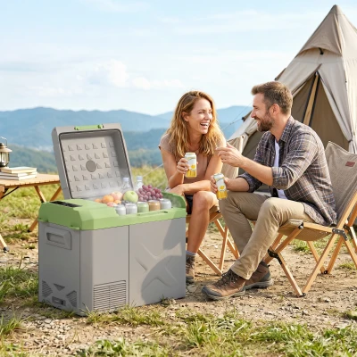 Outsunny 24,2 Liter Camping-Kühlschrank, Autokühlschrank, Kühlbox mit LED-Licht, AC- und DC-Adapter, leiser Betrieb, Grau+Grün
