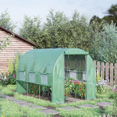 Outsunny Estufa de jardim túnel estufa túnel 6 m² com 6 janelas porta enrolável lona PE estrutura em aço galvanizado verde