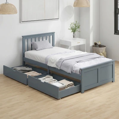 HOMCOM Pine Storage Bed Single Drawer Headboard Grey 3ft