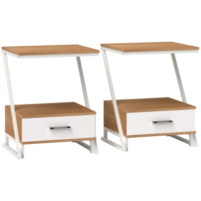 HOMCOM Juego de 2 Mesitas Auxiliares en Forma de Z con Cajón y Compartimento Mesita Auxiliar para Salón 40x35x50 cm Natural