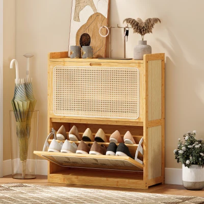 HOMCOM Zapatero Estrecho de Bambú con 2 Cajones Abatibles de Ratán para 12-14 Pares de Zapatos 69x29x83 cm Natural