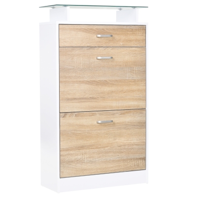 HOMCOM Mueble Zapatero Armario Zapatero con 3 Cajones Estante de Vidrio y Asa de Aluminio para Pasillo 60x24x105,5 cm Natural