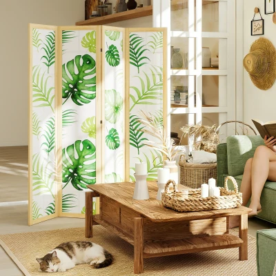 HOMCOM 4-teiliger Raumtrenner, faltbar, Boho-Design, tropisches Motiv, freistehender Raumteiler, Holzrahmen, Grün