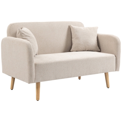 HOMCOM Sofá 2 lugares, design moderno, com 2 almofadas, pés de madeira, 130 x 70 x 80 cm, creme
