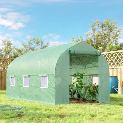 Outsunny Serre tunnel de jardin 8m², serre de jardin tunnel avec 1 porte et 6 fenêtres, bâche PE 140g/m² 400x200x200cm vert