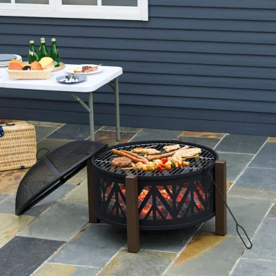 Outsunny Metal Firepit Bowl 2-In-1 BBQ Grill 78x78cm Black