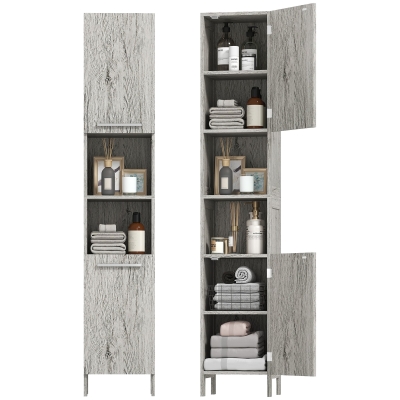 kleankin Columna de Baño Mueble Alto y Estrecho con Estantes Abiertos y 2 Armarios 30x32x172,5 cm Madera Grisácea
