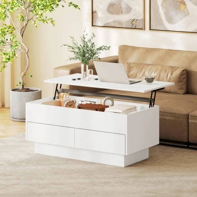 HOMCOM Mesa de centro elevável, mesa de sala com compartimento oculto e 2 gavetas, 100 x 50 x 44 cm, branco