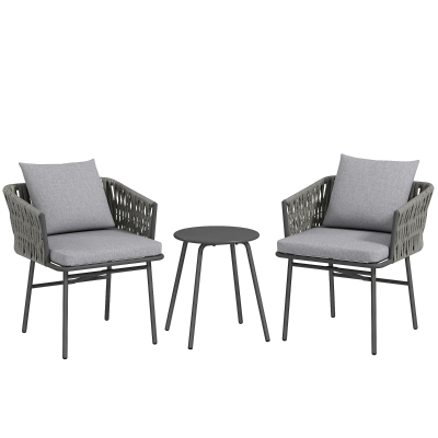 Outsunny 3-teiliges Außenmöbel-Set, 2 Stühle, 1 Tisch, Bistro-Set, Kunst-Rattan, Stahlrahmen, Metalltisch, 4 Kissen, Grau