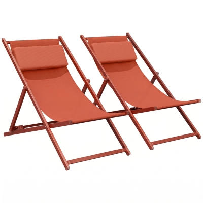 Outsunny Lot 2 Chaises Longues Inclinables Rouge Textilène