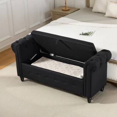 HOMCOM Banc Coffre Tissu Lin Pieds Bois 146,5x49x72cm Noir