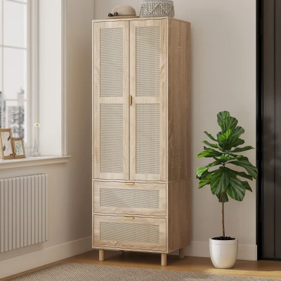 HOMCOM Armoire 2 Portes Rotin 2 Tiroirs Bois 63x47x185cm
