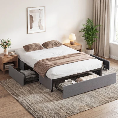 HOMCOM Cama Doble 140x190 cm Somier con 3 Cajones y Estructura de Metal Carga 363 kg Gris