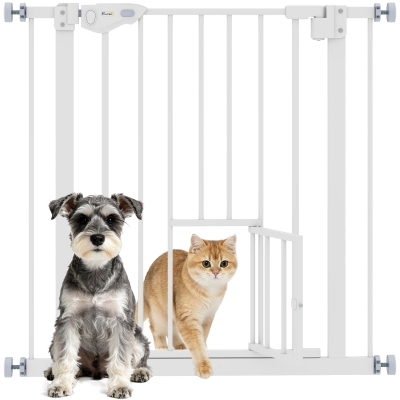 PawHut Barrera de Seguridad Extensible con Puerta Pequeño Cierre Automático y Sistema de Doble Bloqueo 74-80x76,2 cm Blanco