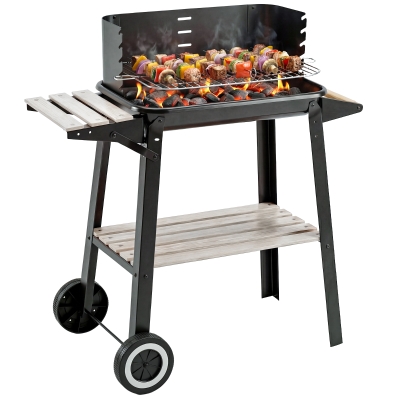 Outsunny Barbecue a Carbone con Ripiani in Legno e Ruote Nero