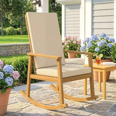 Outsunny Schaukelstuhl aus Akazienholz Schaukelsessel mit hoher Rückenlehne Kissen bis 160 kg 60 x 89 x 107 cm Beige