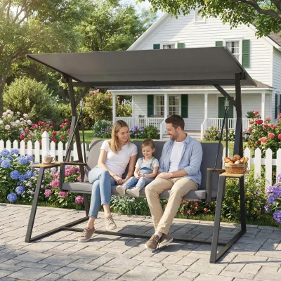 Outsunny 3-Sitzer Hollywoodschaukel Gartenschaukel mit verstellbarem Dach, Kissen und Getränkeablagen, 360 kg Tragkraft, Grau