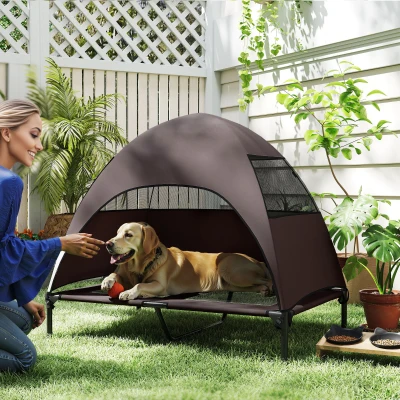 PawHut Cama para Cão Exterior com Dossel Cama Elevada para Cães Grandes 106x76x99 cm Café
