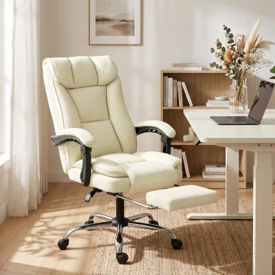 HOMCOM Silla de Escritorio con Reposapiés Respaldo Reclinable Acolchado Grueso Tapizada en Cuero Sintético Beige