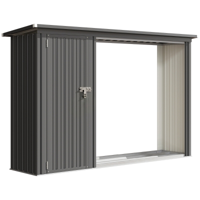 Outsunny 2-in-1 Kaminholzregal Außen verzinkter Stahl 235 x 67 x 149 cm Brennholzregal mit Geräteschrank Schrägdach Dunkelgrau