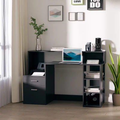 HOMCOM Secretária para computador com 2 gavetas, secretária com arrumação, 137 x 55 x 92 cm, prateleiras abertas e bandeja para impressora, estilo moderno, mesa para computador para quarto, estúdio, preto