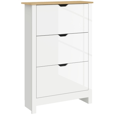 HOMCOM Slim Shoe Cabinet High Gloss White 3 Flip Drawers