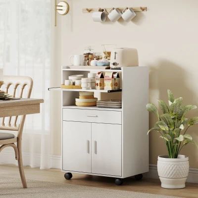 HOMCOM Armário para Micro-ondas Prateleira Armário de Duas Portas Gaveta Rodízios Branco